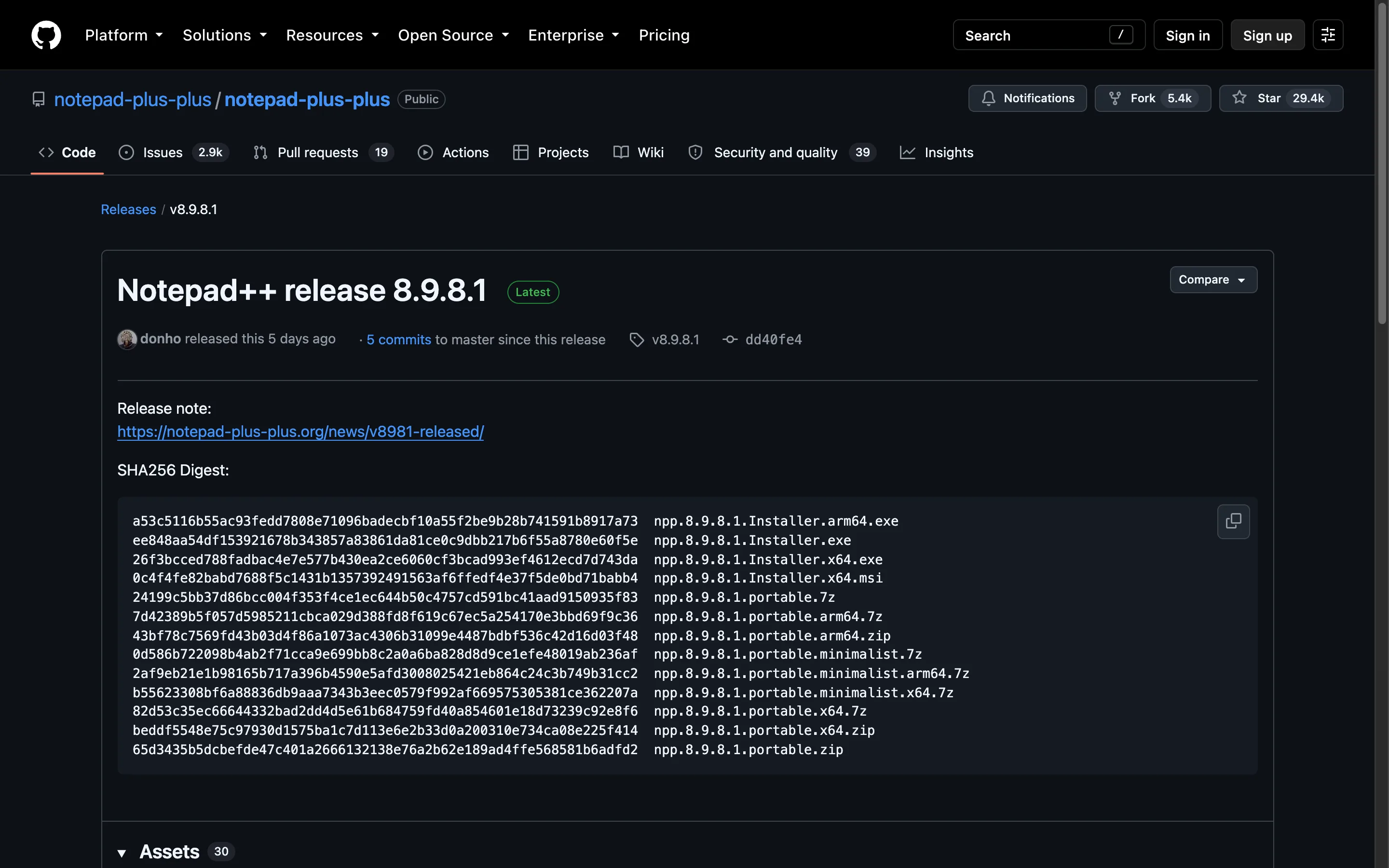 GitHub release page for Notepad++ 8.9.8.1 listing the SHA-256 digest of every installer and portable package