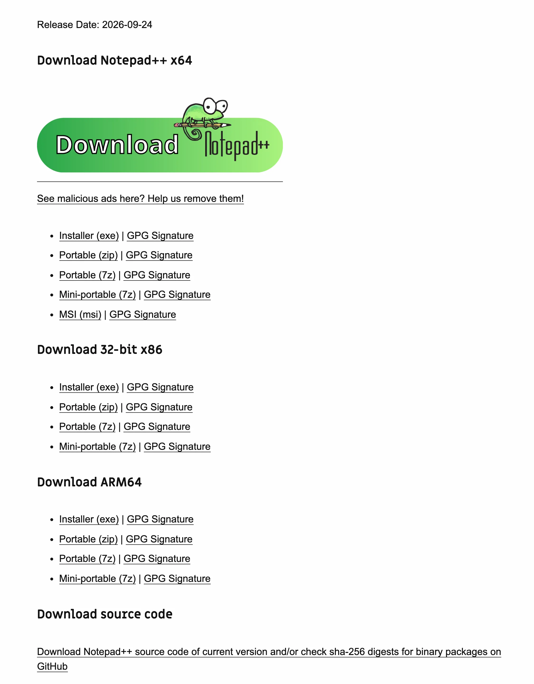 Official Notepad++ v8.9.8.1 download page with the x64 installer, portable packages and a GPG signature link for each