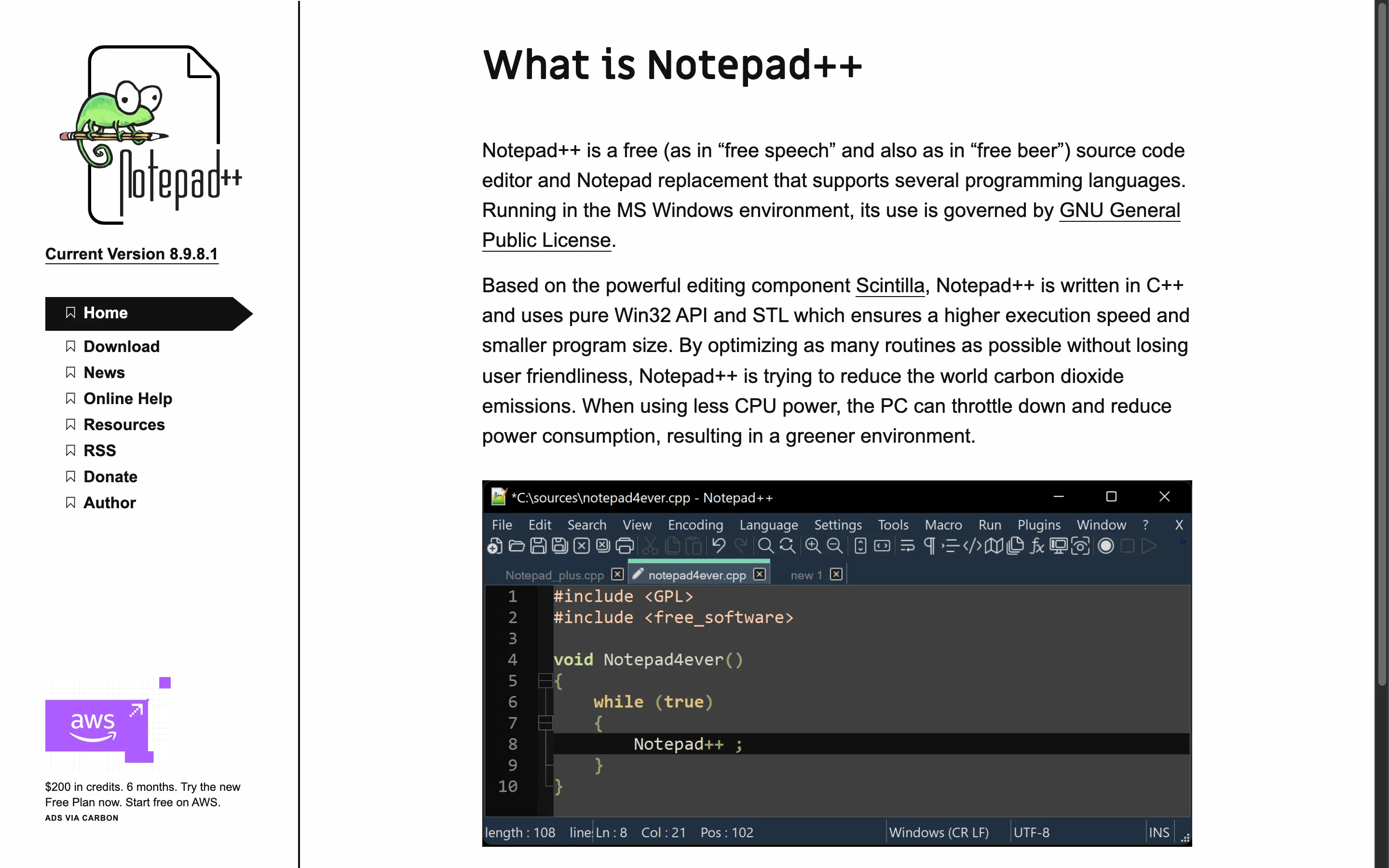 The official Notepad++ homepage with the editor window open on a C++ file and version 8.9.8.1 in the sidebar