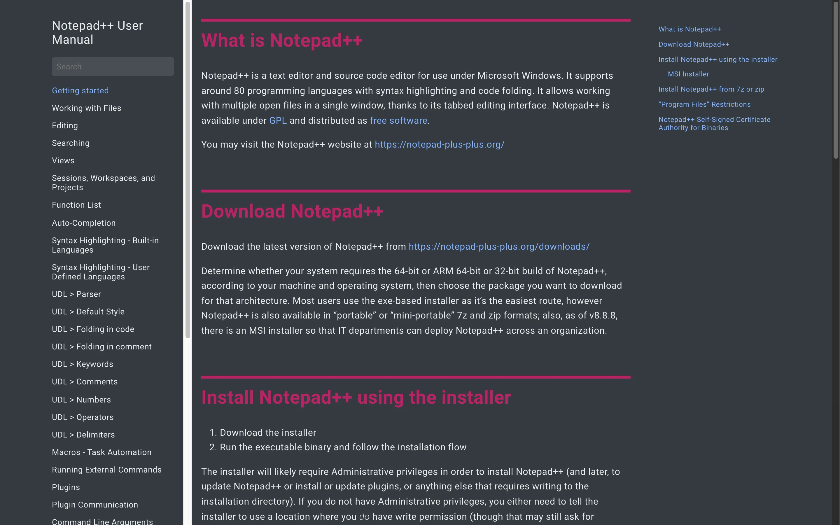 Notepad++ user manual getting-started page explaining the 64-bit, ARM64 and 32-bit builds, the portable packages and the MSI